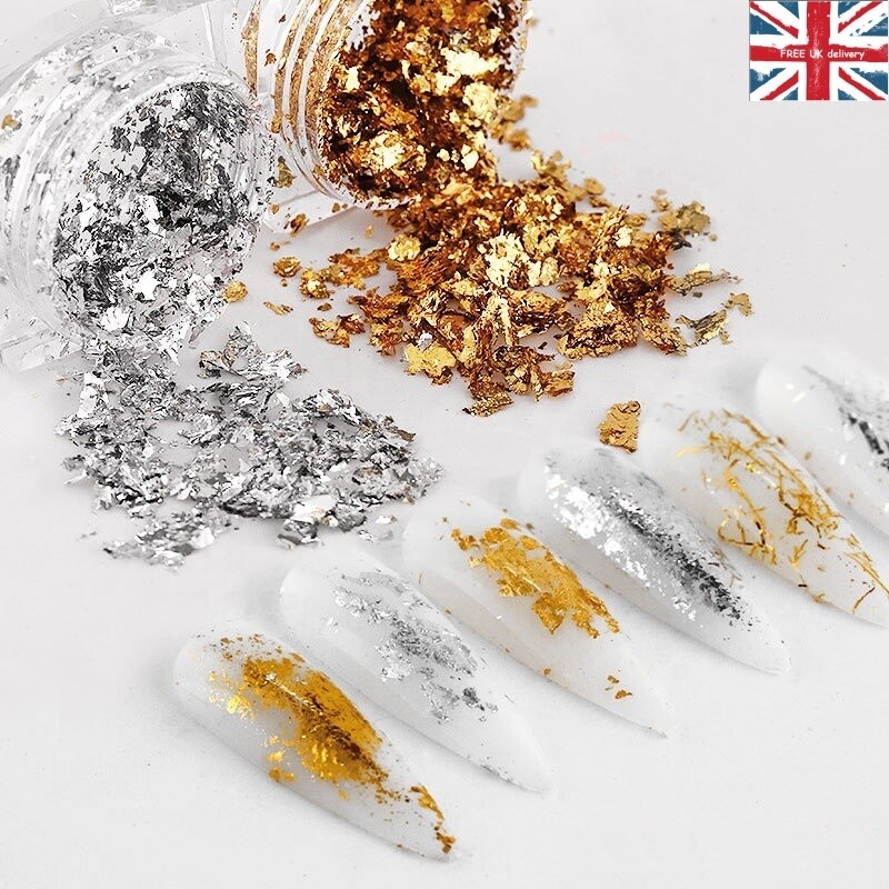 Nail Art Foil Leaf Flakes Caviar Glitter Silver Gold Body Face Makeup Decoration