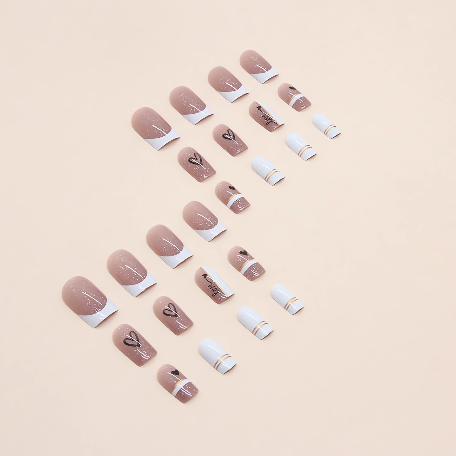 White French Tip Press on Nails Medium Square Valentine’s Day Fake Nails with…