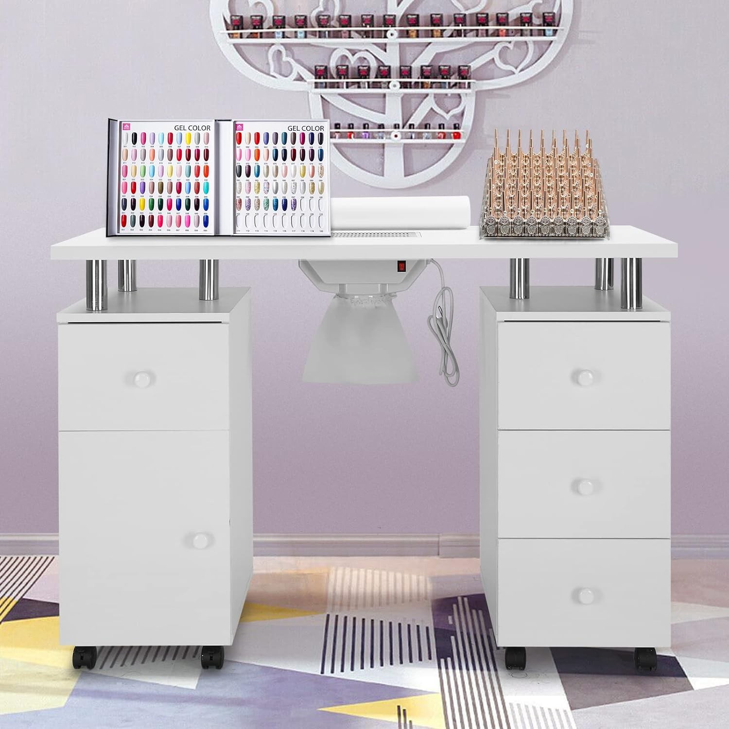 Manicure Nail Table w/ Dust Collector, Wrist Cushion, Wheels, Drawers for Beauty