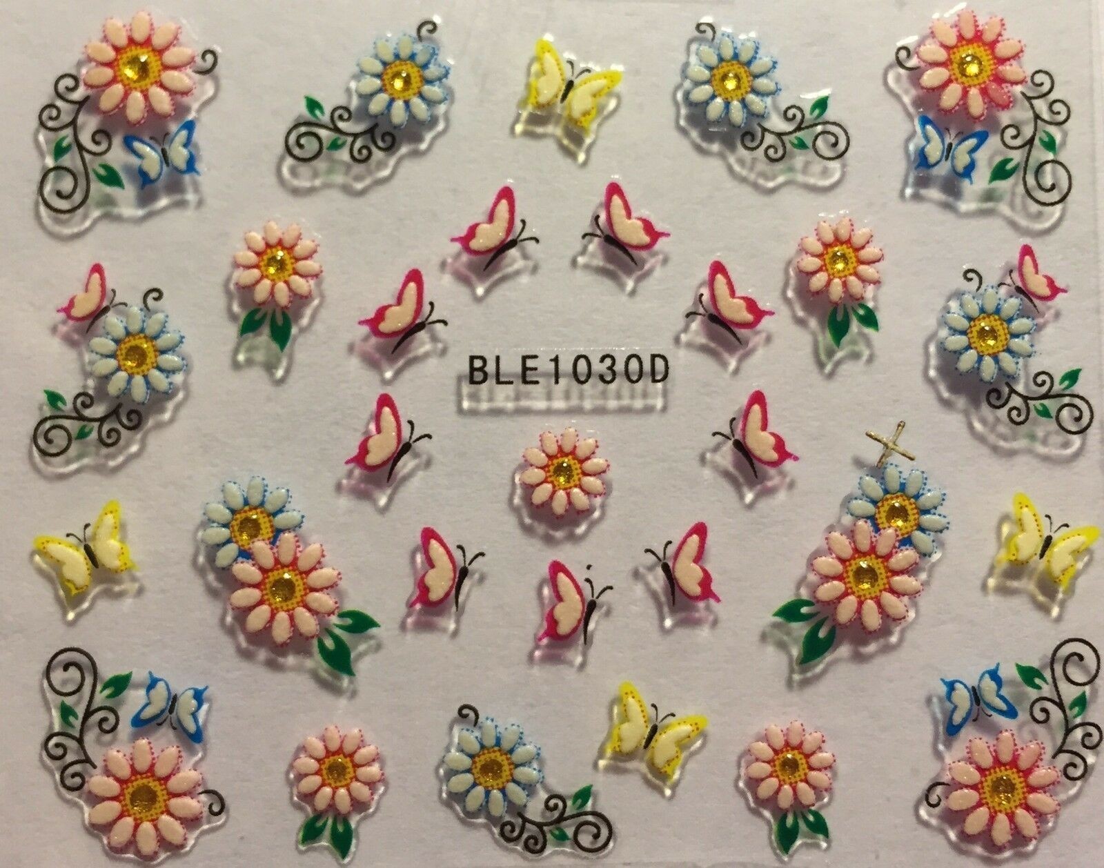 Nail Art 3D Decal Stickers yellow pink blue Flowers butterflies BLE1030D