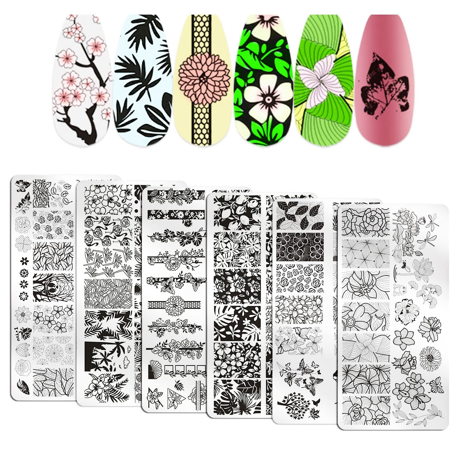 6pcs Flower Nail Stamping Plates – Mix Size Spring Summer Flowers Leaves Nail…
