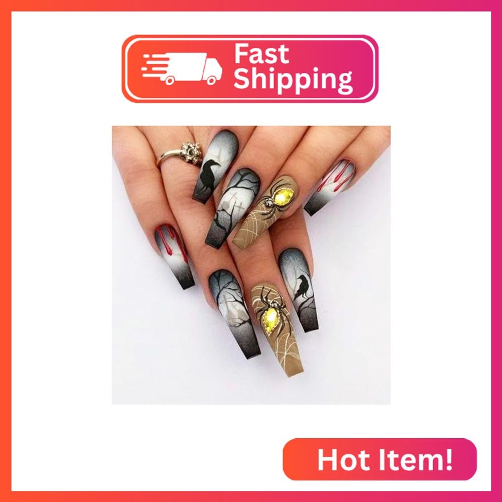 3D Rhinestone Spider Press On Nails – Halloween Gel Glue, 24pcs Glossy Red Blood