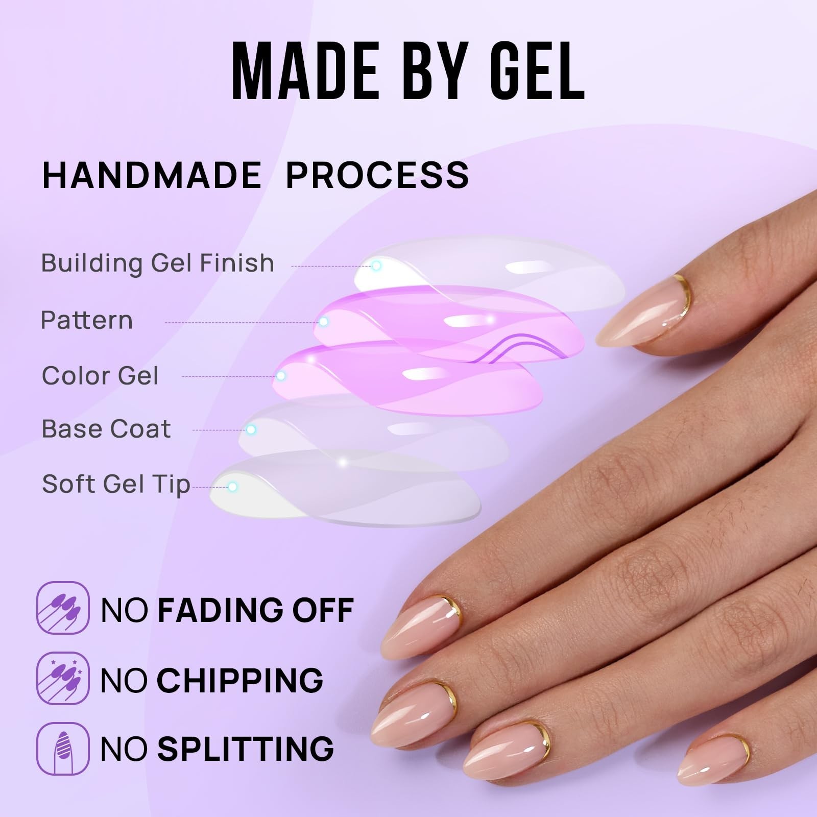 Almond Press On Nails Kit – Short Gold Foil Stick-On Nails with Glue, 32 Pieces