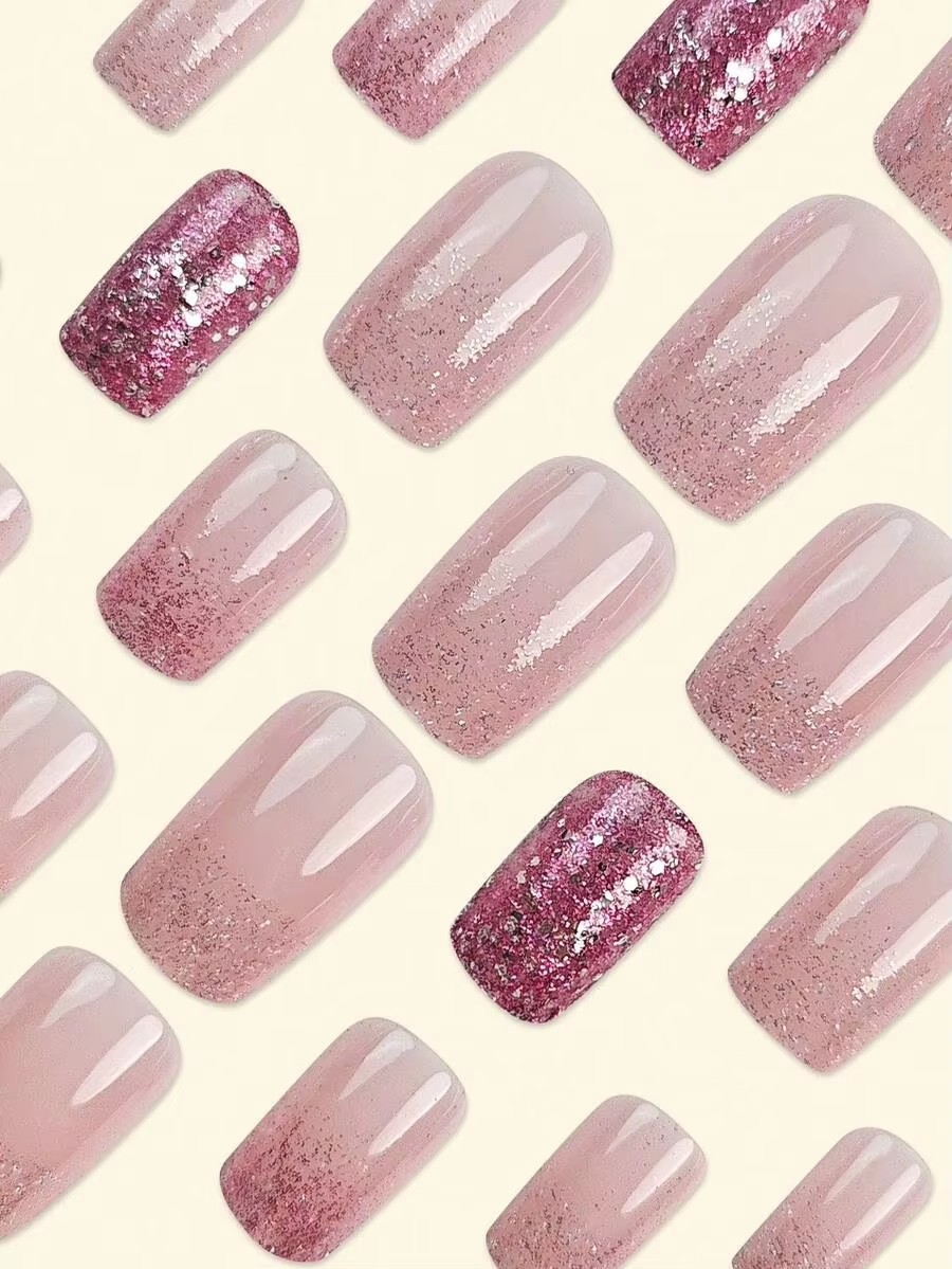 ✨ 24pcs Glossy Pink Ombre Press-On Nails | Medium Coffin Fake Nails 💅
