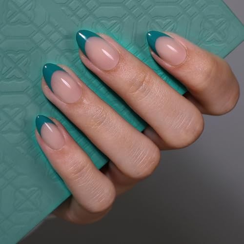 Transformative Teal French Tip Press On Nails Christmas – Almond 1-Turquoise