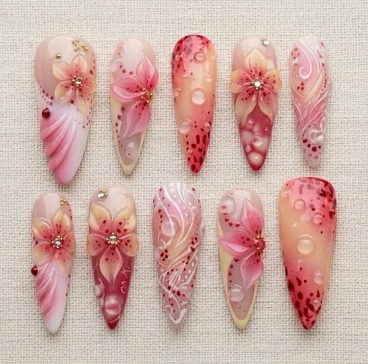 Long Stiletto 3D Flower Press-On Nails Full Cover Set Pink White Red