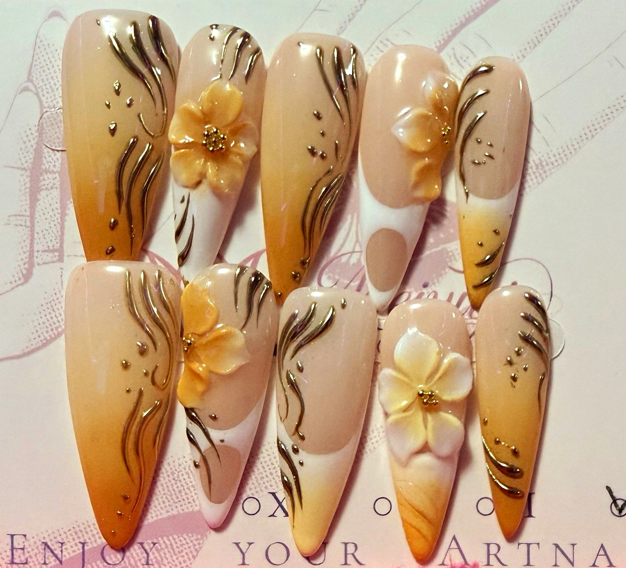 Long Coffin Full Cover Artificial Nails Nude Gold White 3D size large
