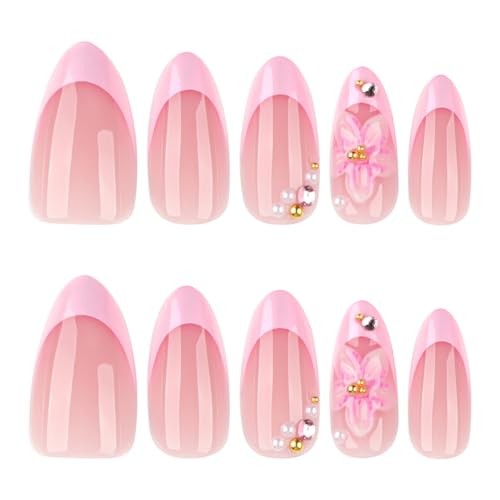 24Pcs French Tip Press on Nails with Charms 3D Pink French Pink Flower Style 6