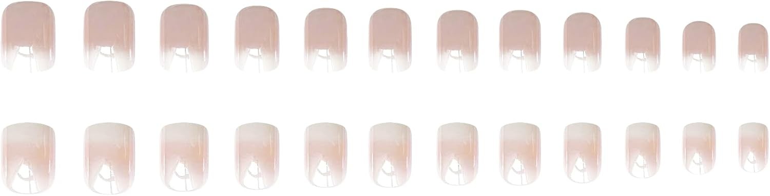 Chrome Press On Nails Short Square White Gradient Fake Nails Nude Pink Full Cove