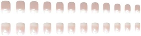 Chrome Press On Nails Short Square White Gradient Fake Nails Nude Pink Full Cove
