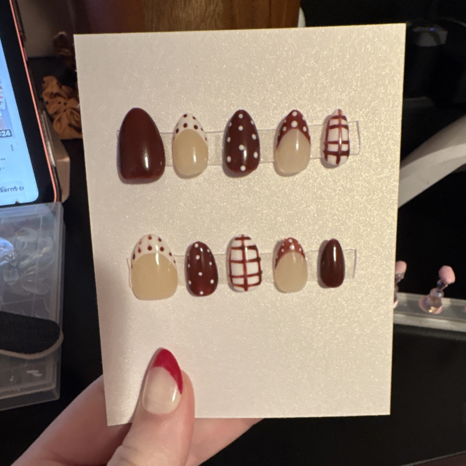 Press-On Nails Brown Beige White Almond Polka Dot Plaid Shiny Glue Included