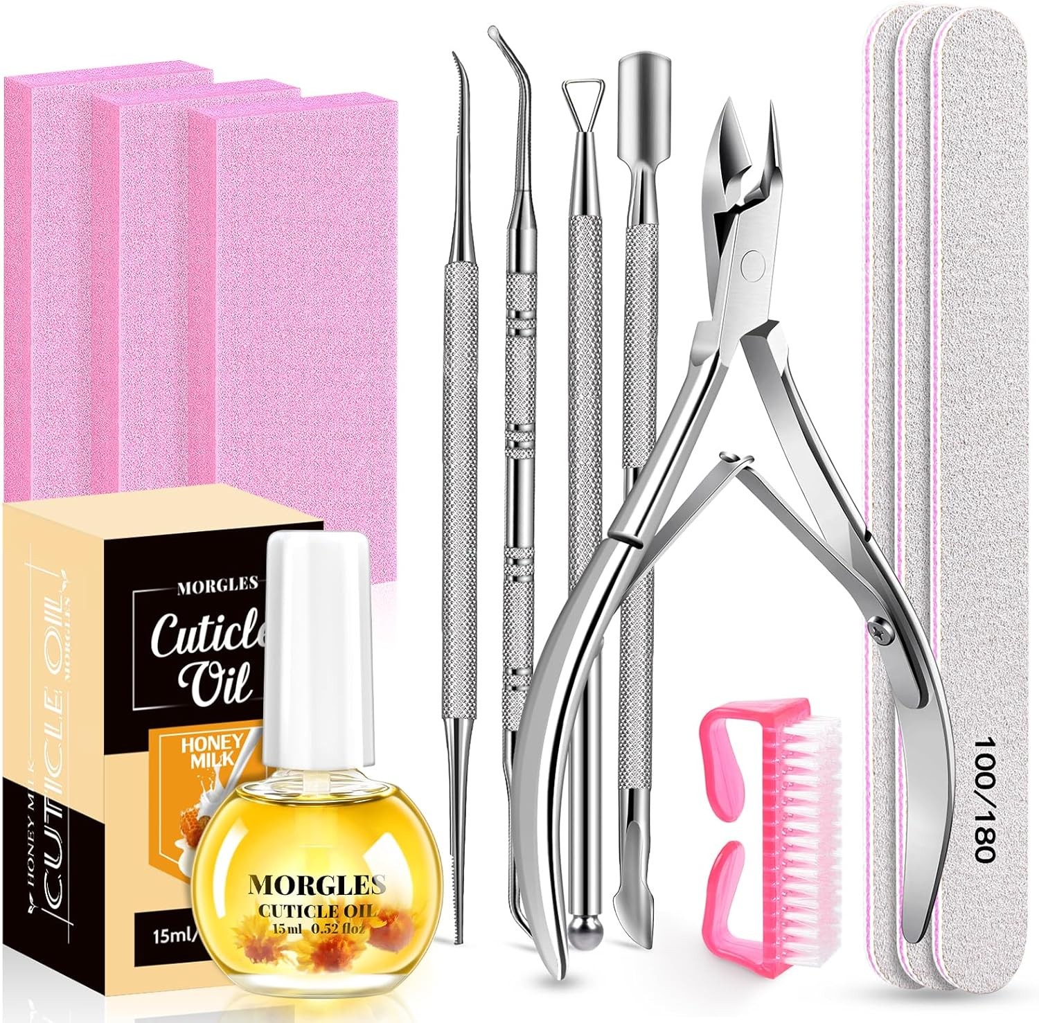 Cuticle Remover Kit, 100/180 Nail File and Nail Buffer Blos,