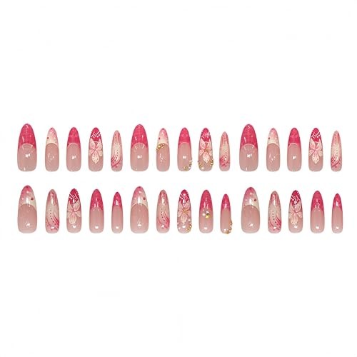 24Pcs Pink Flower Press on Nails – Long Almond French Tip – Orange