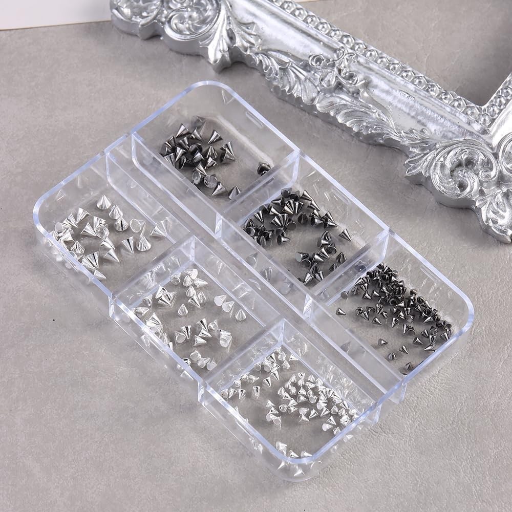 3D Mini Metal Punk Nail Art Studs Mixed Sizes Silver Black Cone Spike Metalli…