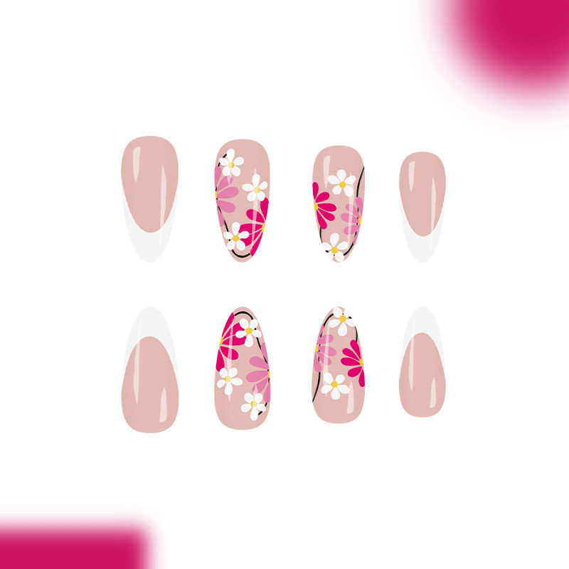 48 pieces of medium long almond nail pink daisy French style nail art