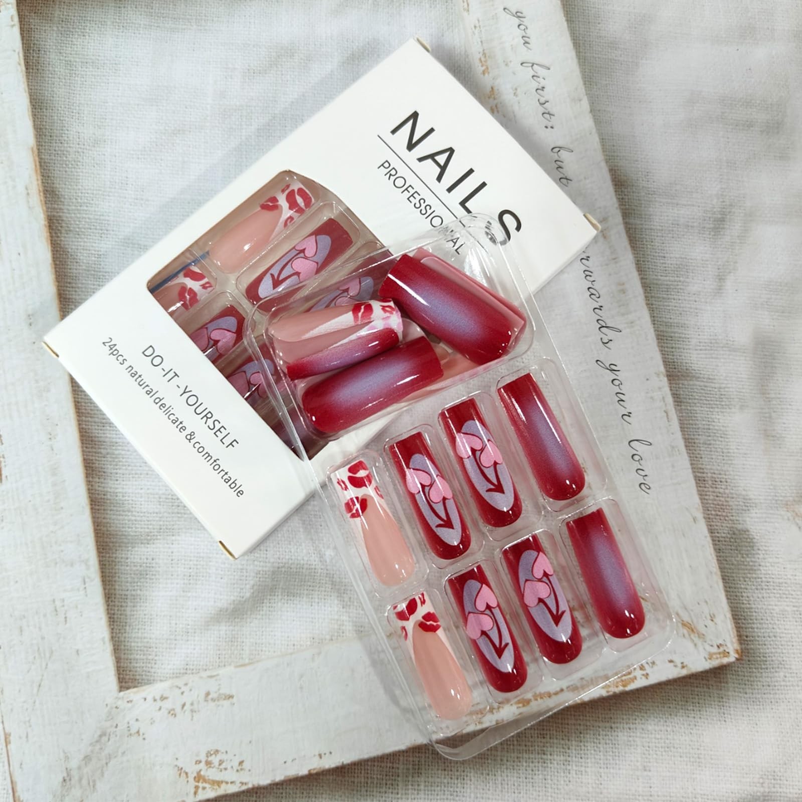 Long Press on Nails French Tip Square Fake Nails with Love Cherry Lip Print D…