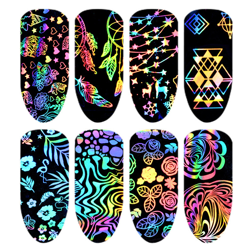 8pcs Nail Foil Stickers Laser Star Heat Transfer Sticker Cypress Unicorn NH8