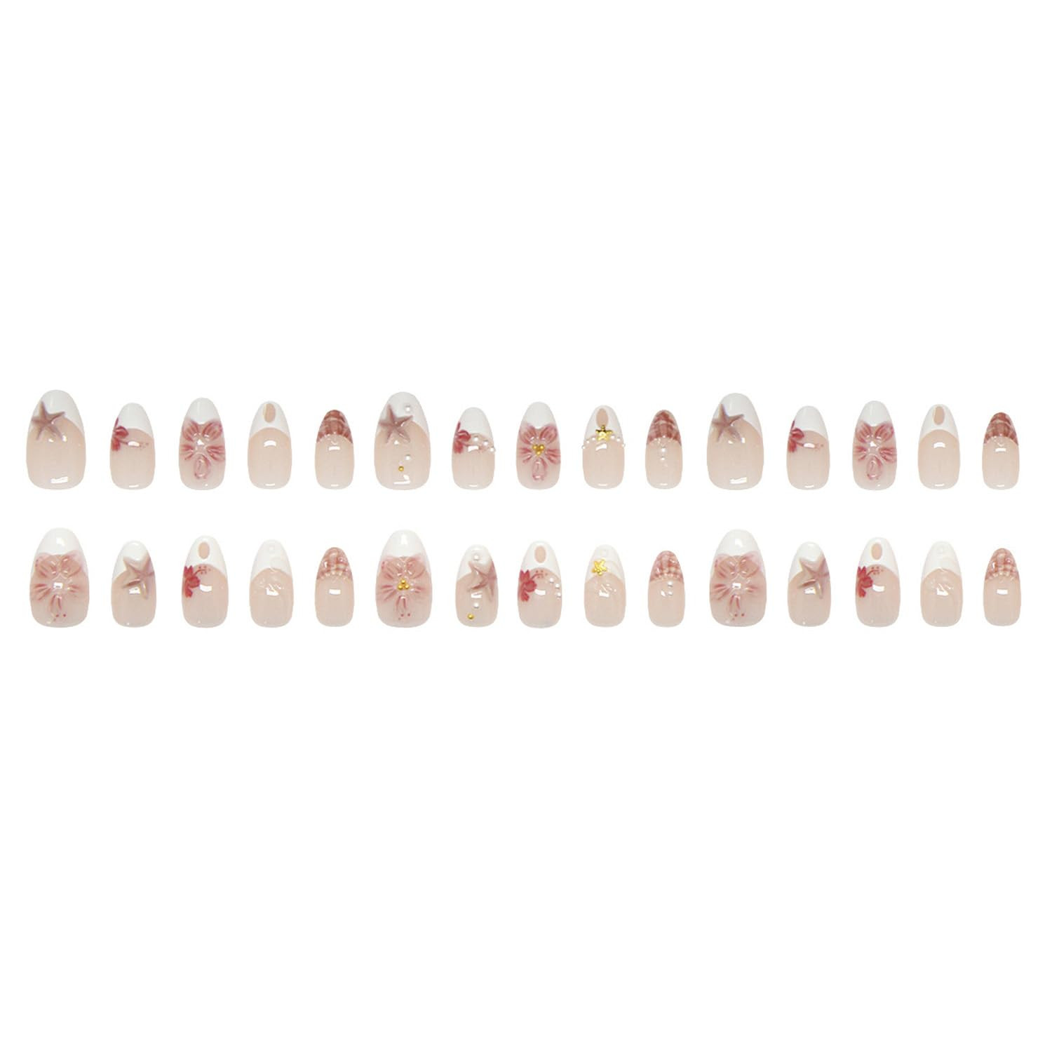 Nude Pink Summer Beach Press on Nails, Short Oval Fake Nails with 3D Cherry Star