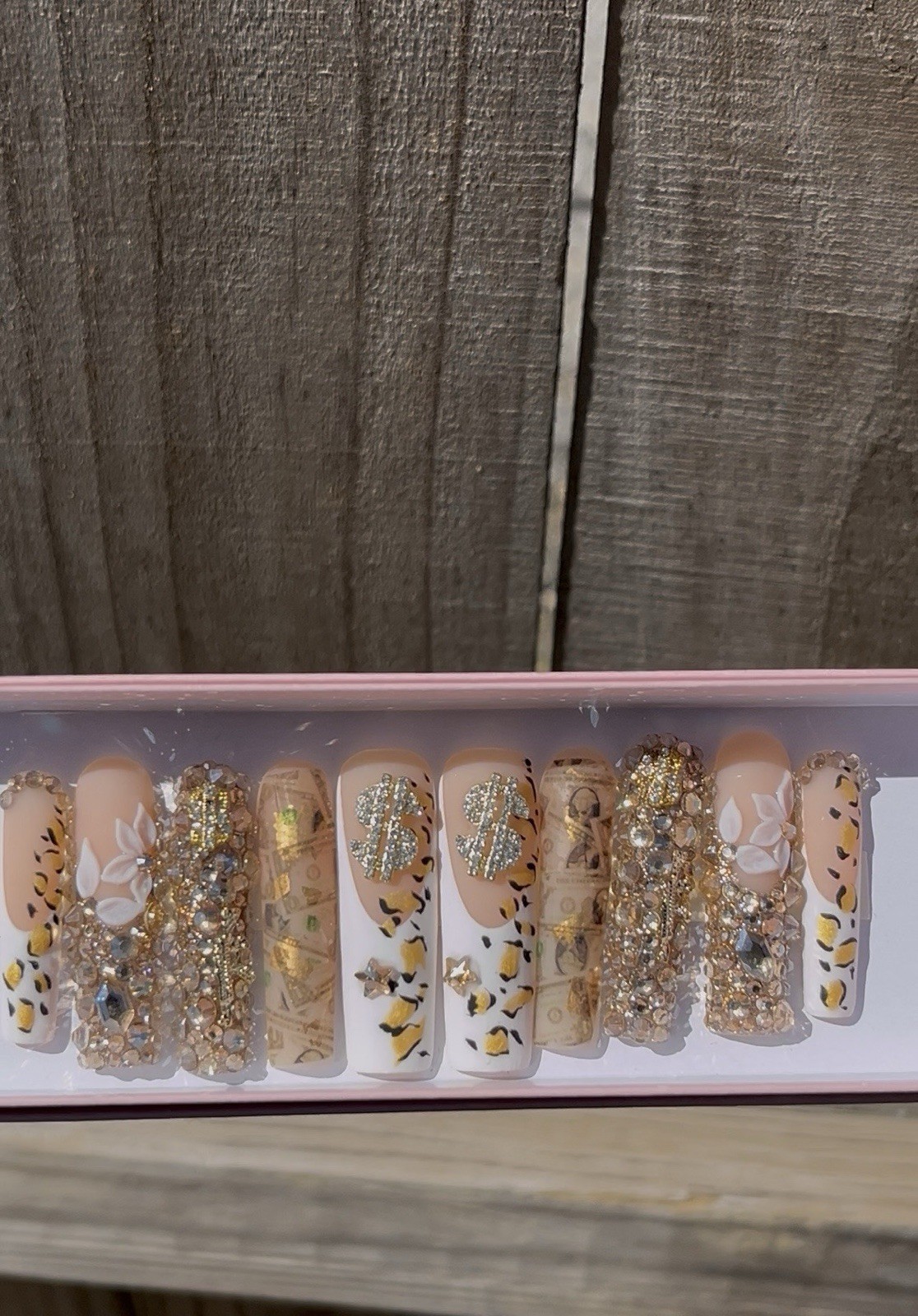 Press On Princess Long Acrylic Gold Bling Press-On Nails w/ Full Application Kit