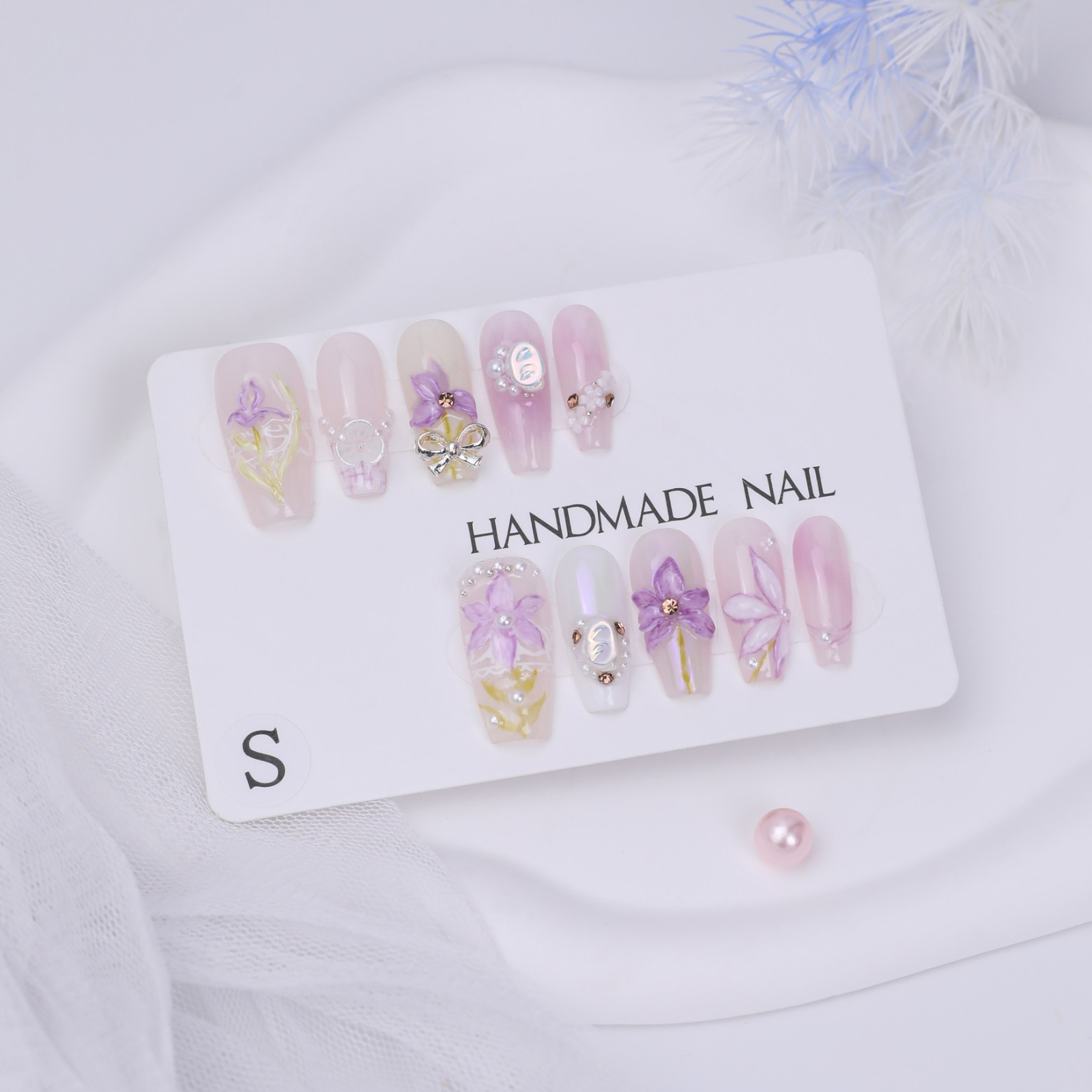 Handmade Pink Purple Lily Press On Nails Medium Coffin Pearl Bow Fairy Elegant