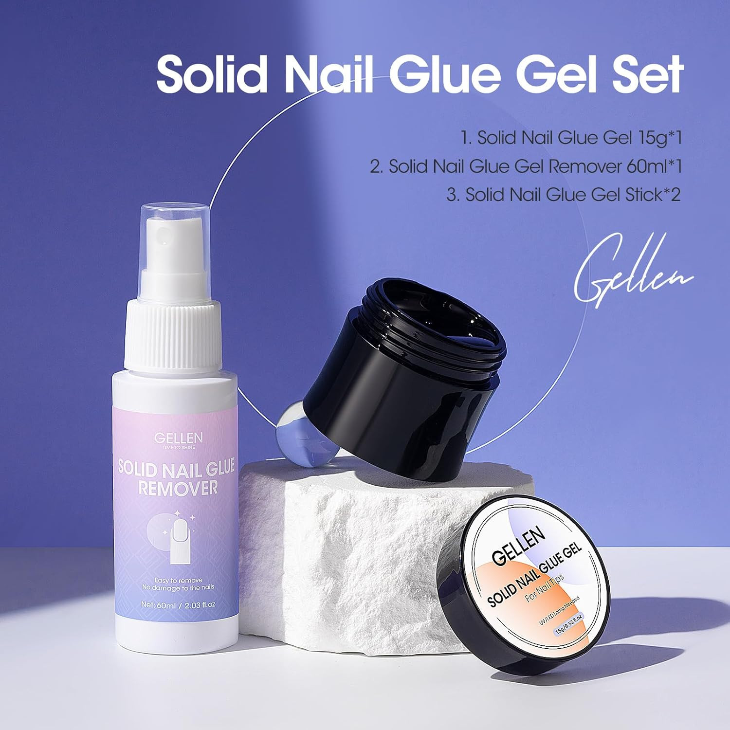 Solid Gel Nail Glue with 60Ml Nail Glue Remover Set, 15G Solid Nail Gel for Fals