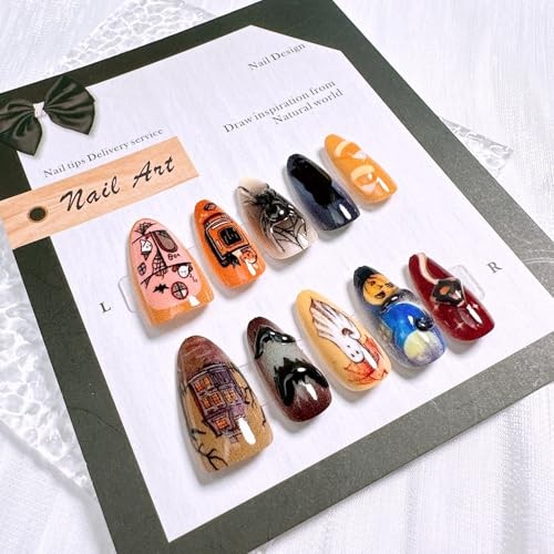30Pcs Medium Almond Halloween Press On Nails 3D Spider Bat Ghost Designs