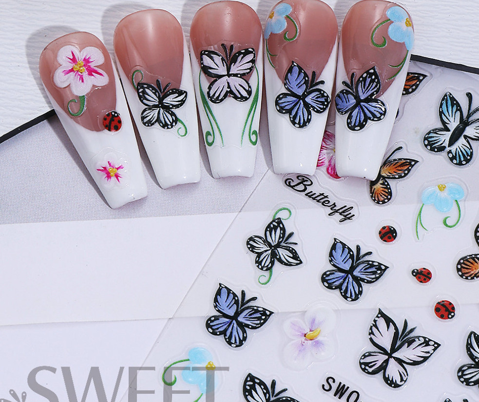 Butterfly Flower Embossed Strawberry Hibiscus Bow Nail Art Stickers Decor NH29