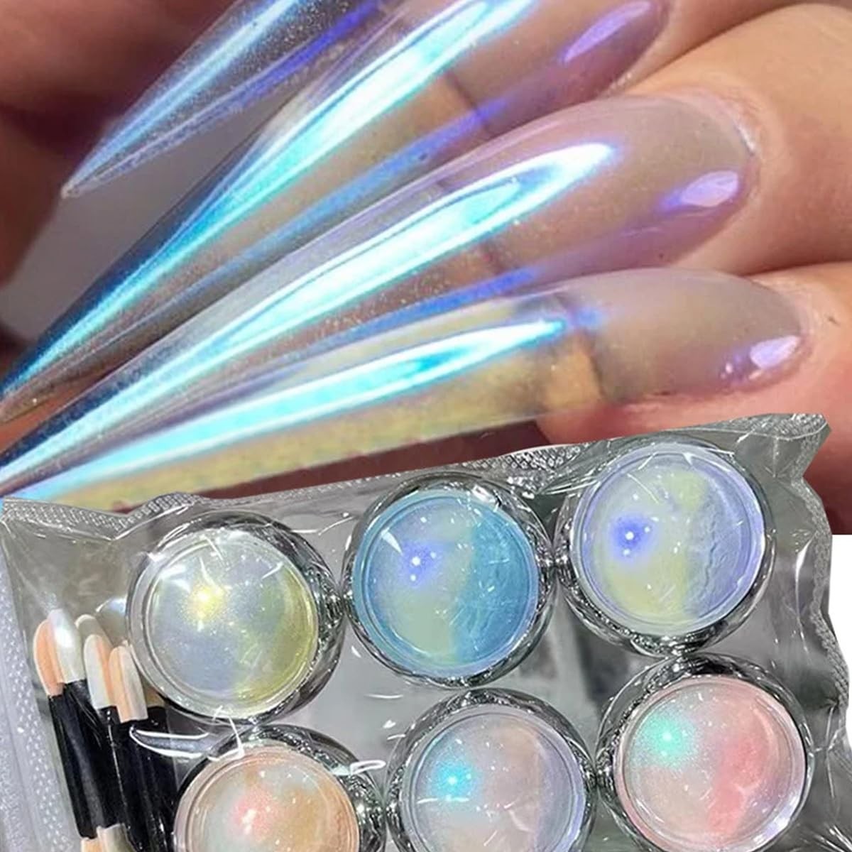 6 Jars Mermaid Chrome Nail Powder Aurora Blue, Pink, Yellow, Purple, White