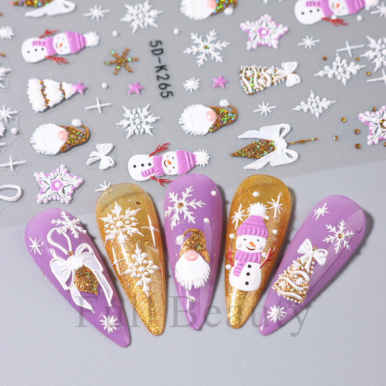 5D Embossed Christmas Snowflake French Santa Star Nail Art Sticker Manicure NH24