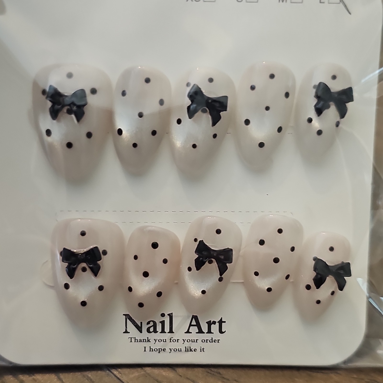 Press-On Nails Medium Almond Shiny Beige/Black Polka Dot Bow Pre-Designed Set