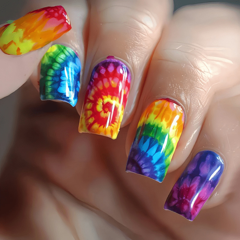 48 Pcs Rainbow Tie Dye Coffin Press on Nails, Bright Trendy Nude Fake Nails