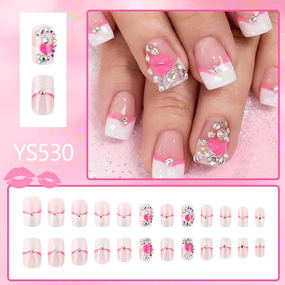 24Pcs Valentines French Tip Press on Nails Short Square 3D Red Lips Heart Fak…