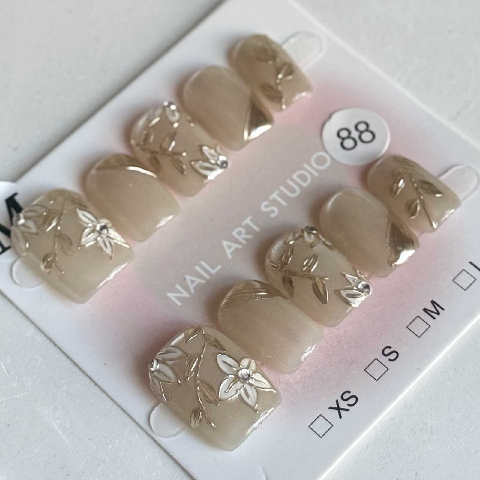 Handmade Pink Cloisonné Press-On Nails Short Square Size M Reusable Fake Nails