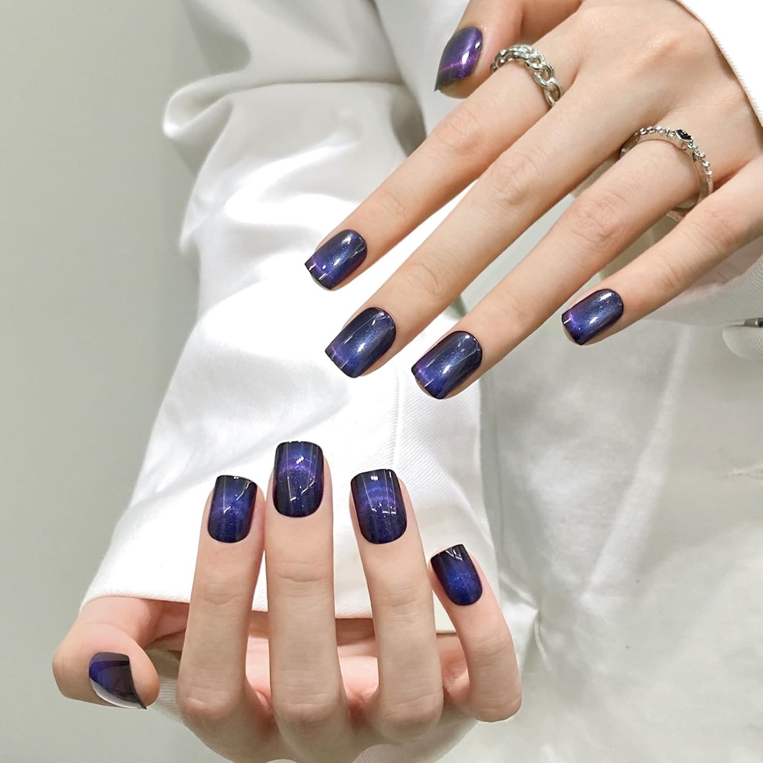 Dark Blue Track Cat Eyes Press On Nails,12 Sizes – 24 Pcs Soft Gel Short Blue Bl