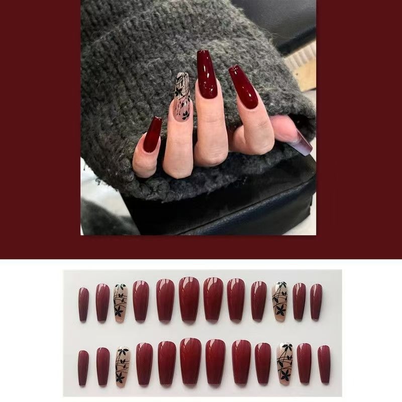 48pcs-Long Coffin Press on Nails, Glossy Burgundy Red with Black Floral Accents