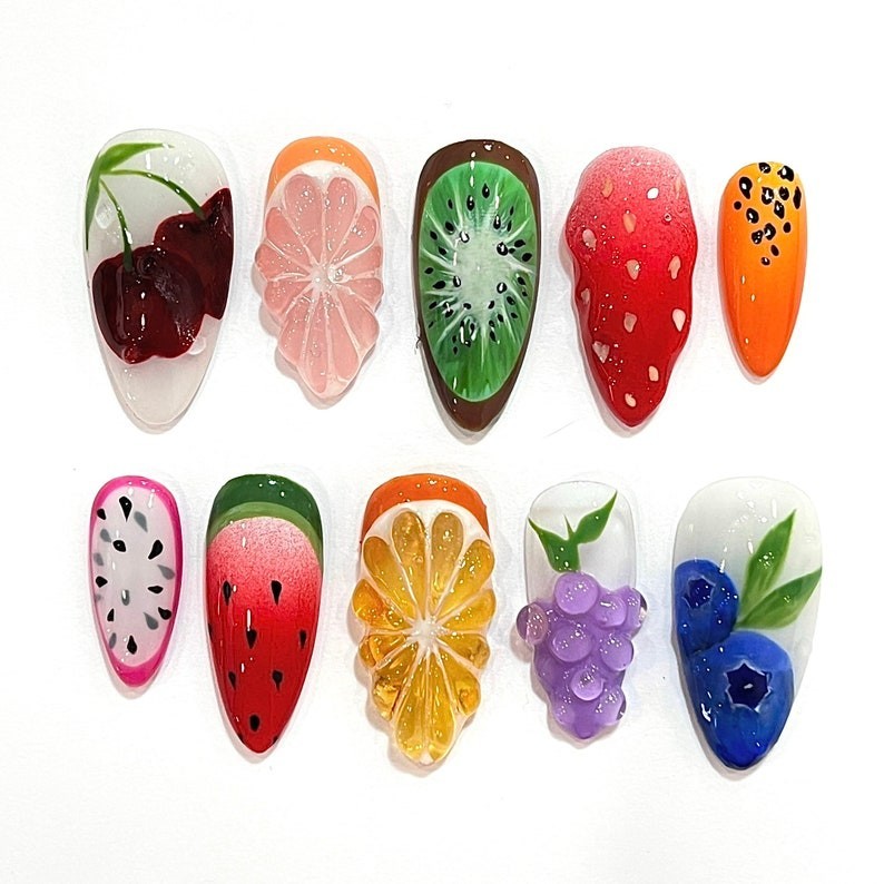 Handmade Colorful Fruit Lover Press On Nails Summer Holiday Fake Nails Gift
