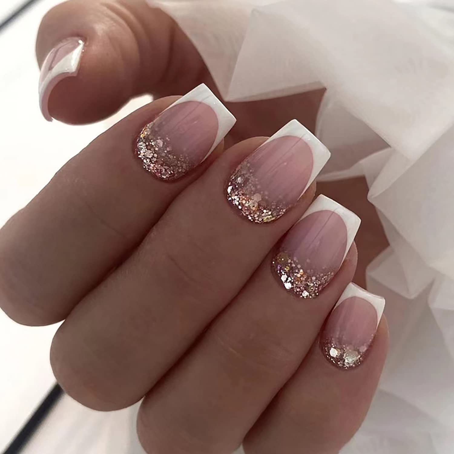 Press on Nails Short Length Coffin Shape, 24Pcs Full Cover Reusable Glossy Sq…