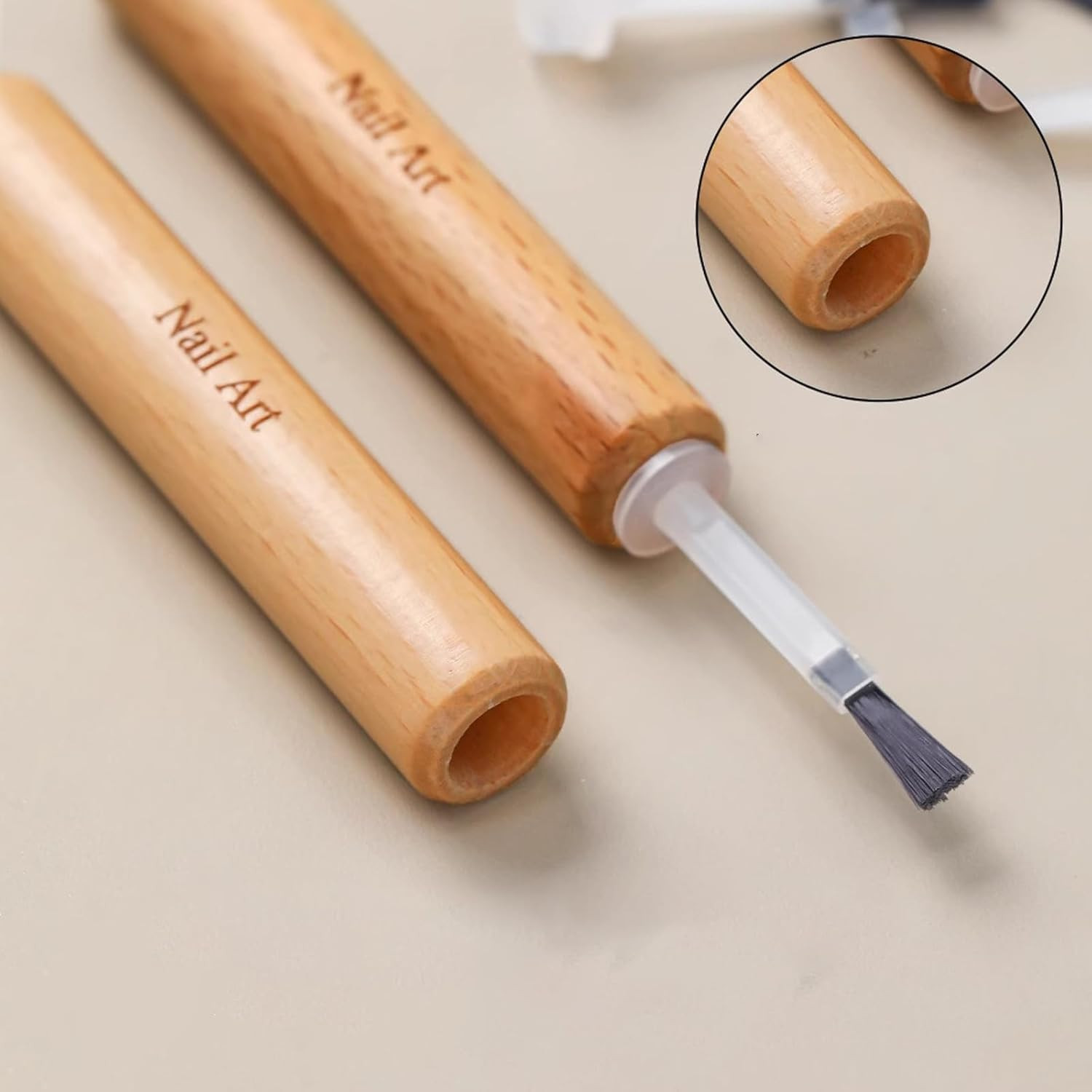 100Pcs Nail Polish Brush Replacement Brush with Double Side Wood Pen Holder Kit,