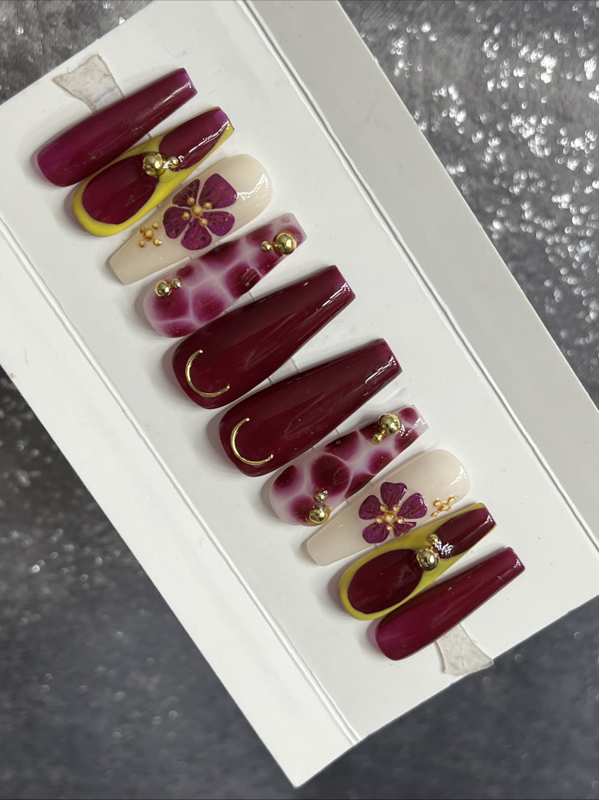 💜✨ Luxury Gel Press On Nails, PLUM FLOWER , LONG COFFIN 10p Set W/ FULL KIT