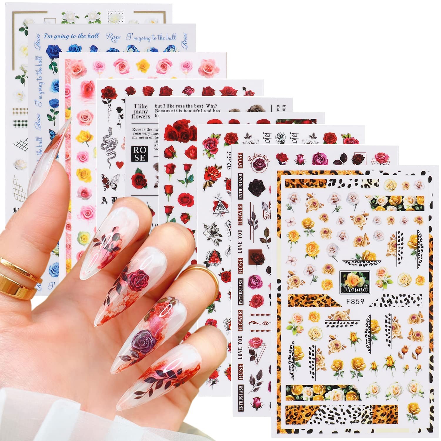 Flowers Rose Nail Art Stickers, 3D Flower Nail -Adhesive Sticker Design, Holo…