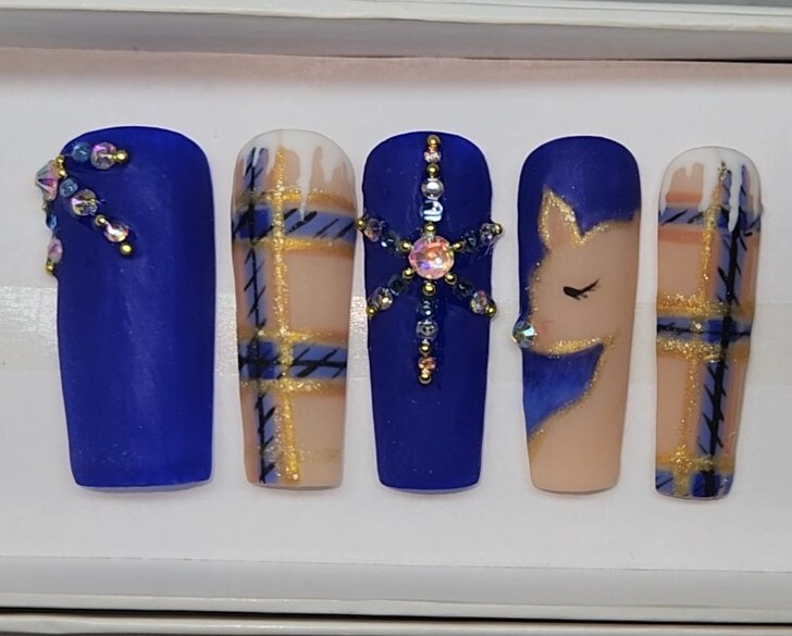 Presson Nails-Plaid Reindeer Snowflake /Square long length Glossy Or Matte