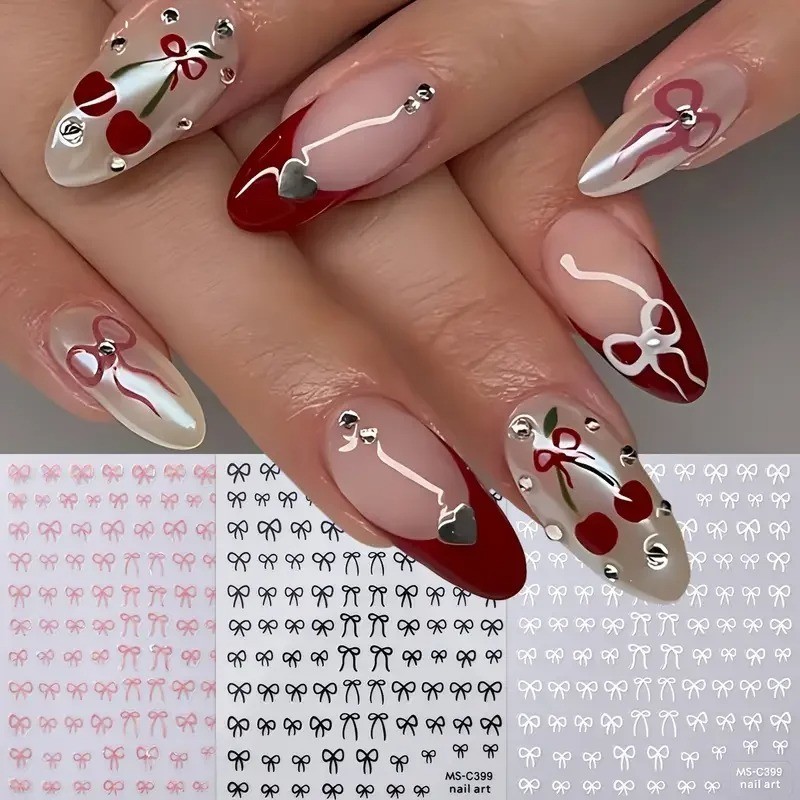 Black White Pink Mini Bowknot Design Nail Art Sticker Self Adhesive Lace 1/2PCS