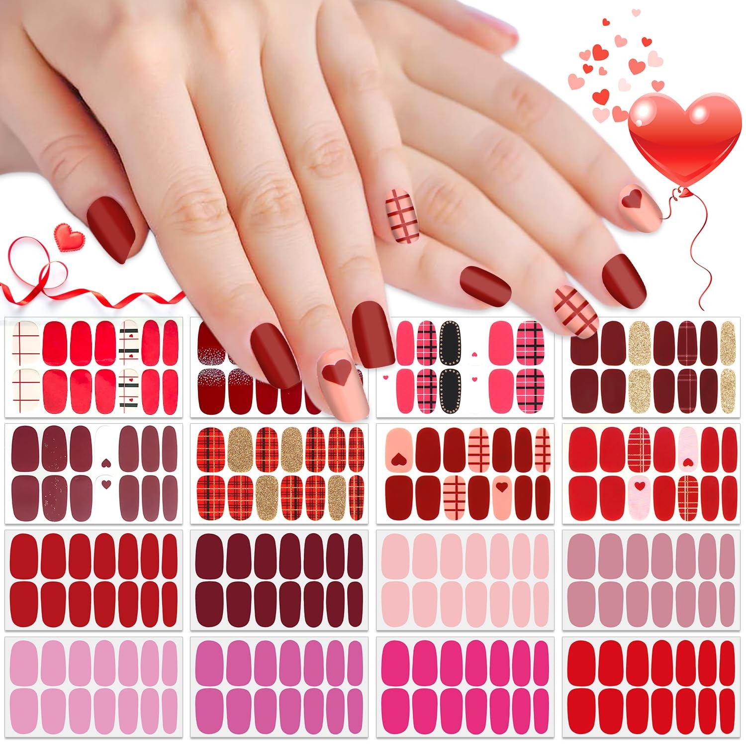 16 Sheets Nail Polish Strips Red Plaid Solid Color Nail Wraps for Women Self …