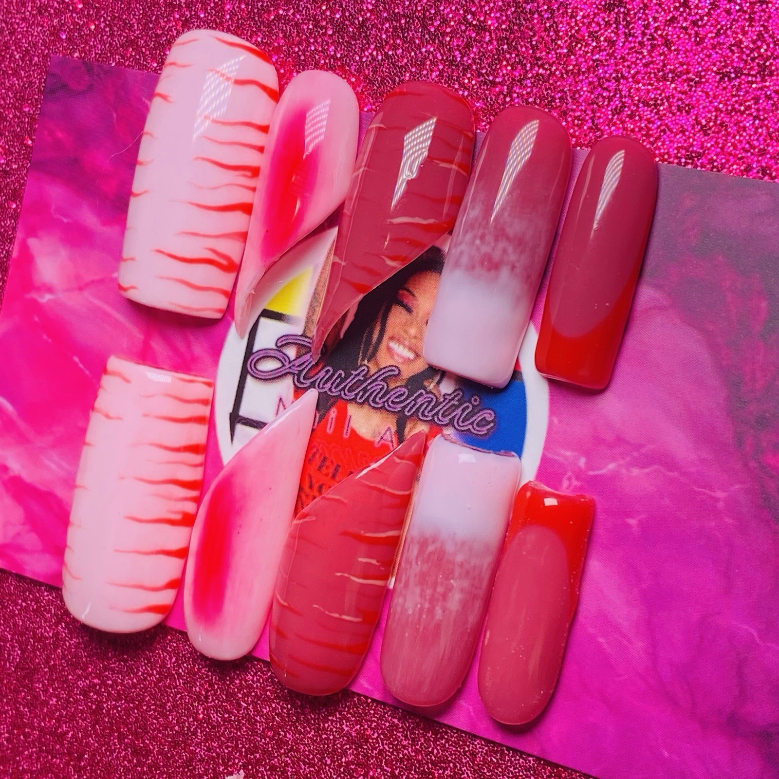 Square Lipstick Press-On Nails Pink Red Ombre French Shiny by Nail Arts by Dia