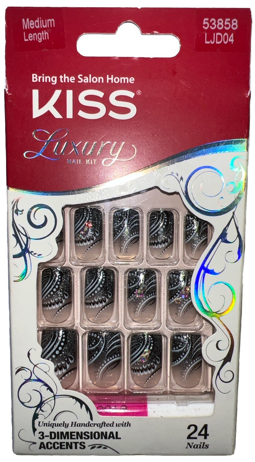 KISS Luxury Nail Kit 24 MEDIUM LENGTH #53858 3D Feather Accents New/Discontinued
