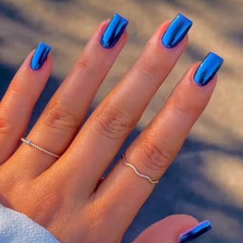 Mirror Metal Royal Blue Press on Nails Medium Short Square square royal blue