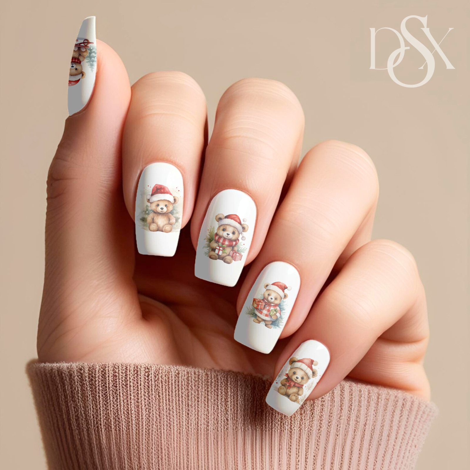 Teddy Bear Santa Holiday Christmas Nail Decals Water Transfer Clear Overlay