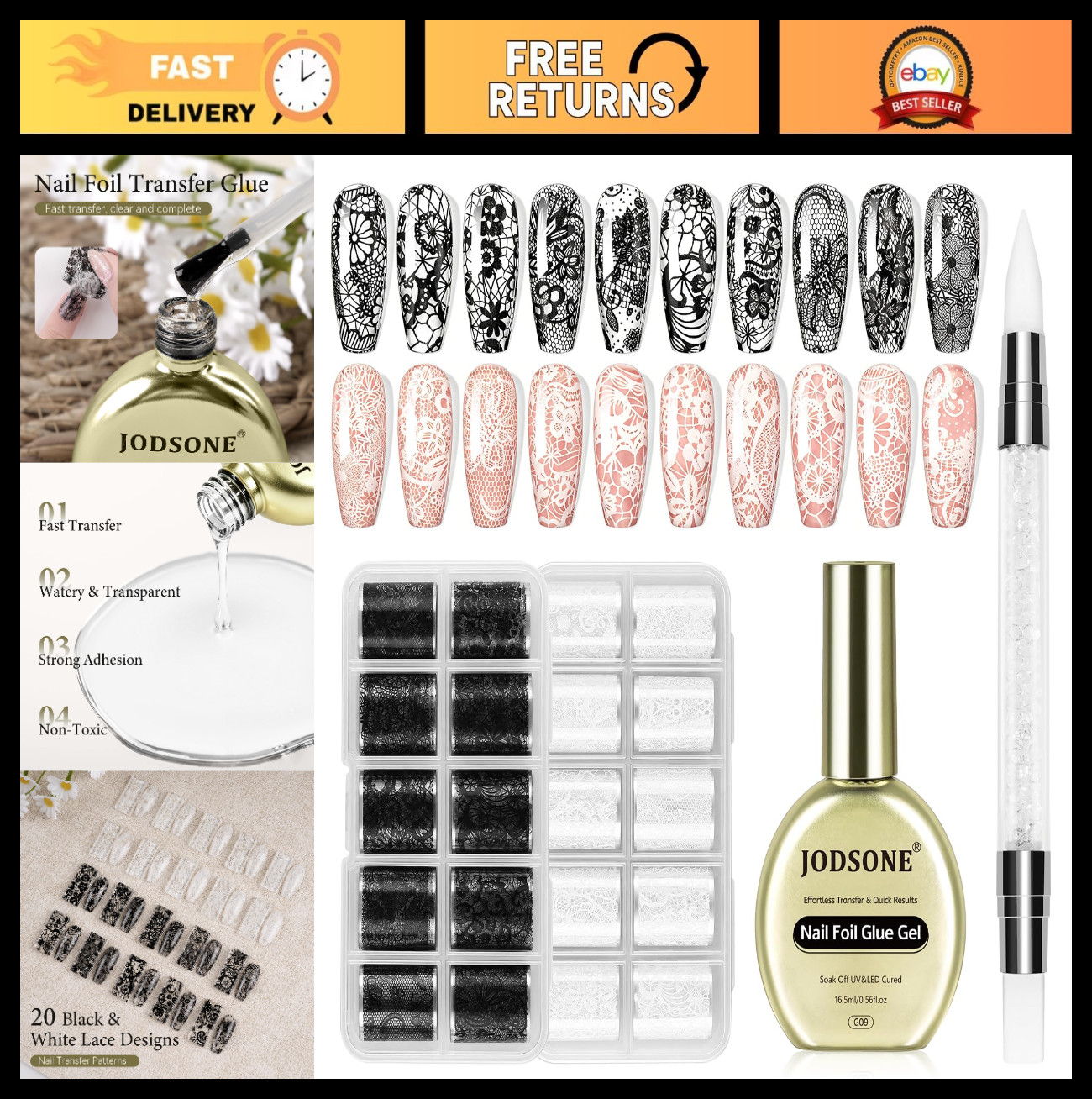 Lace Nail Foil Transfer Kit – 16.5ml Glue, 20 Rolls Black & White Foils, DIY Nai