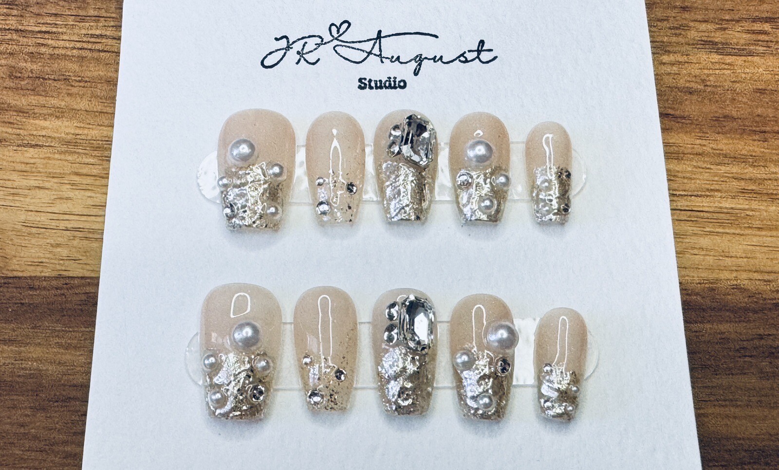 Press On Nails Handmade Champagne Pearl Rhinestone Flashing Medium Coffin S M L