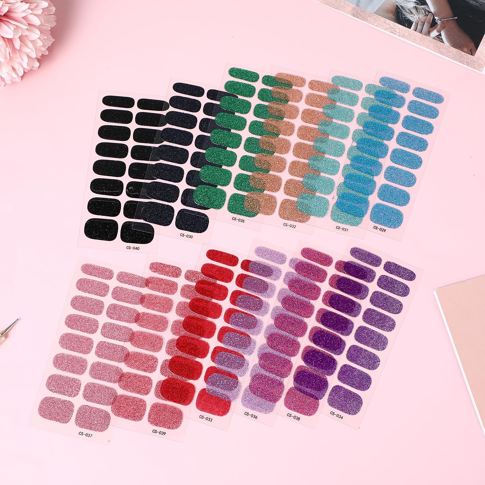 12 Sheets Glitter Nail Wraps, Polish Strips Stickers, Shine Multicolor